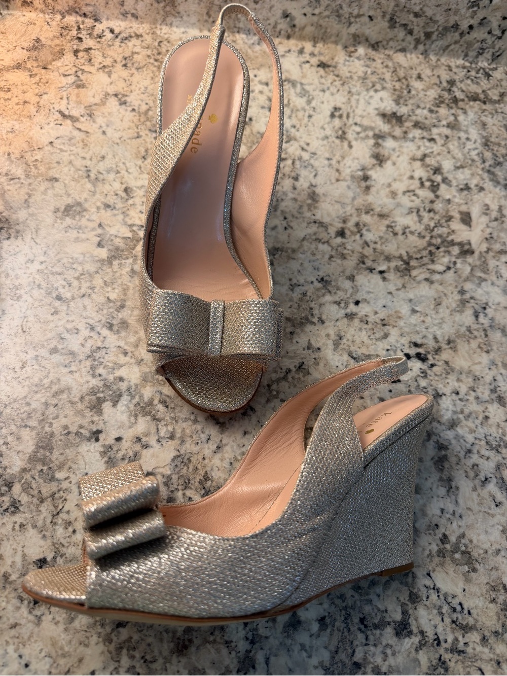 Kate Spade Silver Glitter Sparkle Bow Wedge Sandals Like New Wedding Prom Party